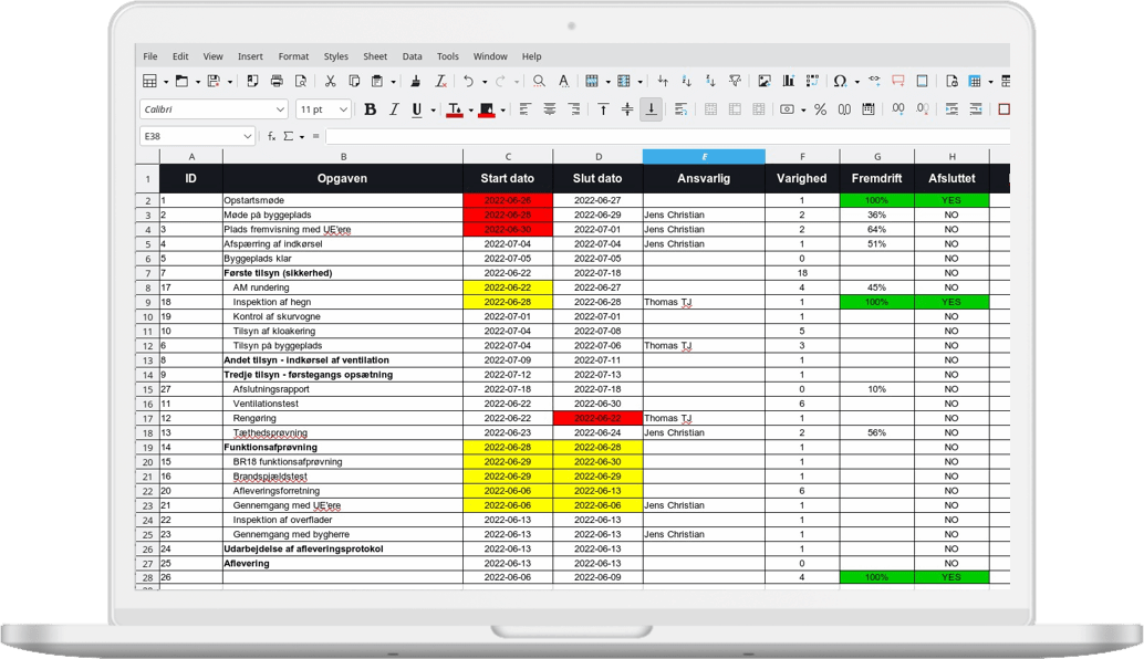 Gammel Excel tidsplan